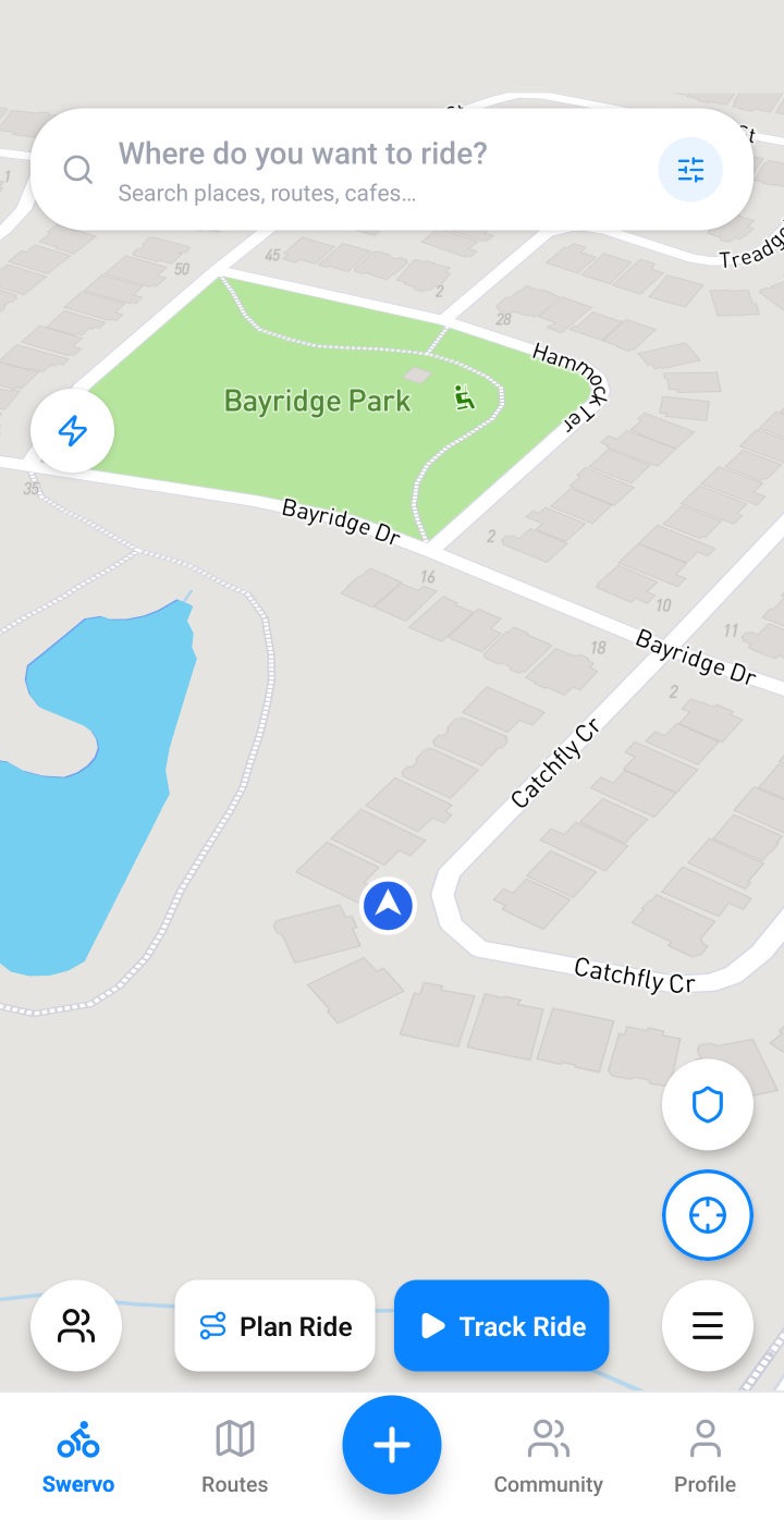Home map with search, Plan Ride and Track Ride