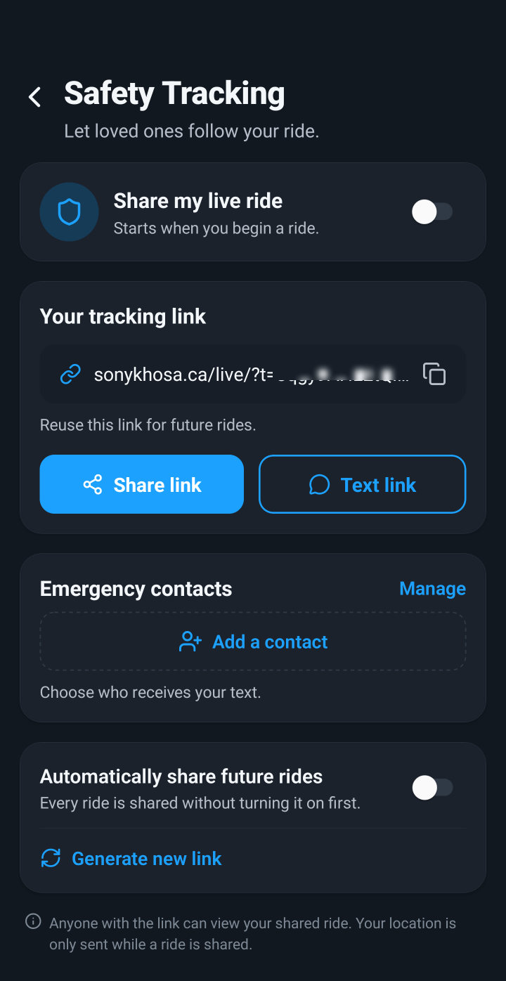 Safety Tracking in dark mode: share my live ride, your tracking link with Share link and Text link buttons, emergency contacts, and automatic sharing.